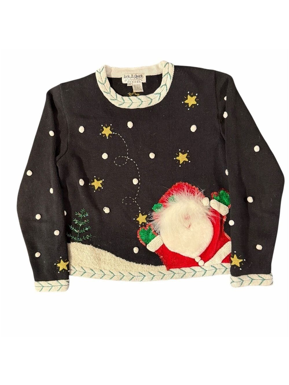 80’s Jack B. Quick Christmas Holiday Appliqué Santa Ugly Sweater Pom Poms Stars